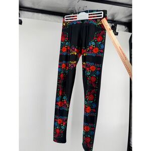 GOLDSHEEP Floral Leggings Black Multi Color Embroidery Print Yoga Pants L